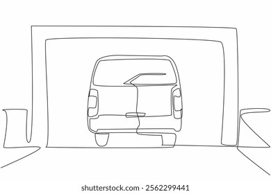 Single continuous line drawing car garage seen from the front and car seen from the back. The car will be parked from the front of the car. National Garage Day. One line design vector illustration