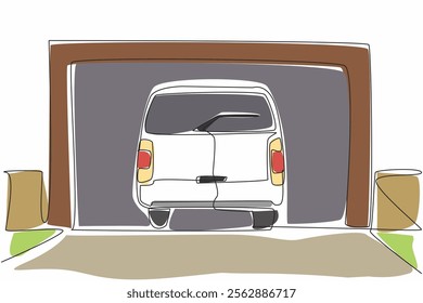 Single continuous line drawing car garage seen from the front and car seen from the back. The car will be parked from the front of the car. National Garage Day. One line design vector illustration