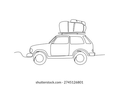 Single continuous line drawing of Car on the move, Car with trunk on roof, road trip concept