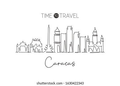 Single continuous line drawing of Caracas city skyline, Venezuela. Famous city scraper and landscape. World travel destination concept. Editable stroke modern one line draw design vector illustration