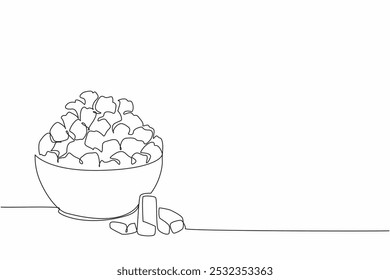 Single continuous line drawing caramel popcorn in white bowl with caramel pieces scattered around. Snacks eliminate hunger. Munchies. National Caramel Popcorn Day. One line design vector illustration