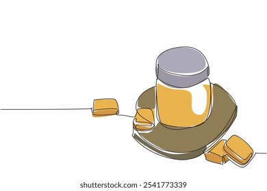 Linha única contínua desenhando líquido de caramelo em um frasco fechado e pedaços de caramelo em quadrados. Caramelos fundidos. Um delicioso sabor salgado. Dia Nacional do Caramelo. Ilustração de vetor de design de uma linha