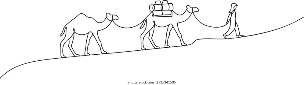 Single continuous line drawing of a caravan of camels with a person. Walking through a desert, symbolizing travel adventure and trade journey. Traditional transportation concept.