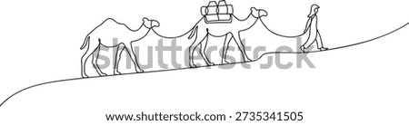 Single continuous line drawing of a caravan of camels with a person. Walking through a desert, symbolizing travel adventure and trade journey. Traditional transportation concept.