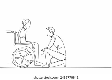 Una sola línea continua dibujando a un cuidador arrodillado. Hablando con un viejo abuelo sentado en una silla de ruedas. Proporcionar la mejor atención. Día de Apreciación del Cuidador. Ilustración vectorial de diseño de una línea