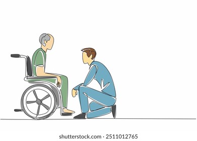 Single continuous line drawing a caregiver kneels down. Talking to an old grandfather sitting in a wheelchair. Providing the best care. Caregiver Appreciation Day. One line design vector illustration