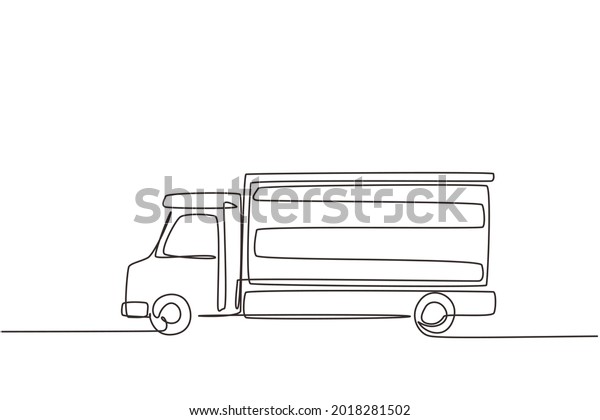 Single continuous line drawing cargo truck\
for shipment. Delivery of cargo. Heavy automobile. Auto in flat\
design. Children\'s toy cargo truck. Dynamic one line draw graphic\
design vector\
illustration