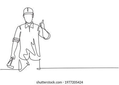 Single continuous line drawing 
a carpenter with a thumbs-up gesture works in his workshop making wooden products. Skills in using carpentry tools. One line draw graphic design vector illustration.