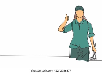 Single continuous line drawing carpenter woman with a thumbs up gesture works in his workshop making wooden products. Skills in using carpentry tools. One line draw graphic design vector illustration
