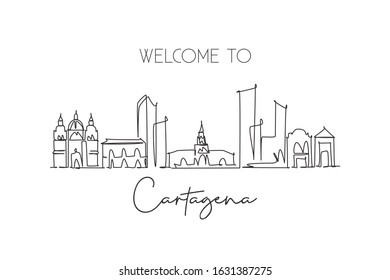 Single continuous line drawing of Cartagena skyline, Colombia. Famous city scraper landscape postcard. World travel destination concept. Editable stroke modern one line draw design vector illustration