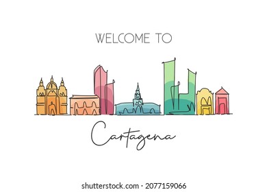 Single continuous line drawing of Cartagena skyline, Colombia. Famous city scraper landscape postcard. World travel destination concept. Editable stroke modern one line draw design vector illustration