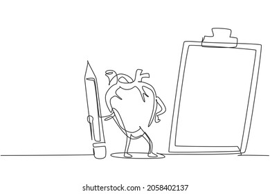 Dibujo de una sola línea de caricatura anatómica mascota de órganos cardiacos humanos con lápiz, portapapeles, lista de verificación. Salud del sistema cardiovascular. ilustración vectorial de diseño gráfico de una línea dinámica