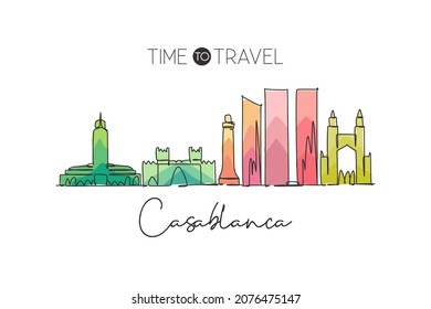 Single continuous line drawing of Casablanca city skyline Morocco. Famous city scraper and landscape in the world. World travel concept. Editable stroke modern one line draw design vector illustration