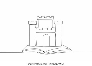 Single continuous line drawing castle on open book. Folk tales about royal stories. Historical story. Fortress. A safe place to take refuge. World Storytelling Day. One line design vector illustration