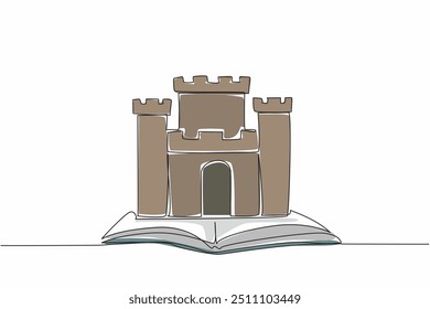 Um único castelo de desenho de linha contínua em livro aberto. Contos populares sobre histórias reais. História histórica. Fortaleza. Um lugar seguro para se refugiar. Dia Mundial da Narração de Histórias. Ilustração de vetor de design de uma linha