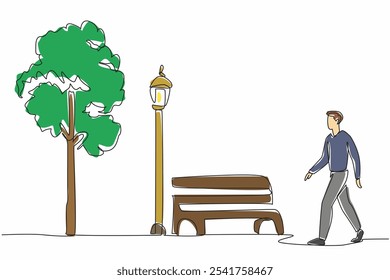 Single continuous line drawing casual man walking in the park. Weekend habit. Spending time breathing fresh air. Refreshing. Relaxation. National Walking Day. One line design vector illustration