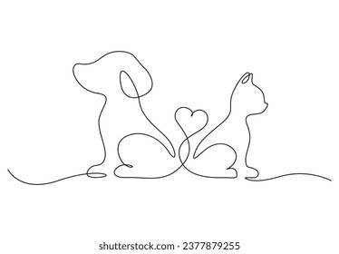 Un solo dibujo de línea continua de gato y perro se aman mutuamente. Aislado en ilustración vectorial de fondo blanco. Vector premium. 