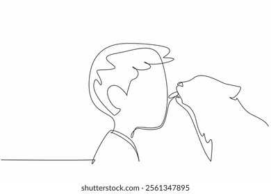 Single continuous line drawing the cat licking nose of boy. Gratitude after being given delicious nutritious food. The favorite cat. National Kids and Pets Day. One line design vector illustration