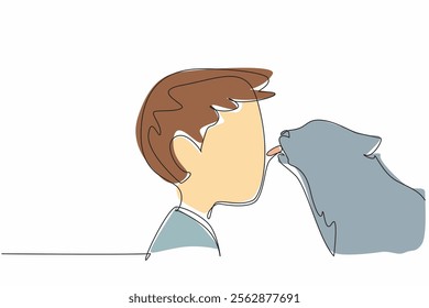 Single continuous line drawing the cat licking nose of boy. Gratitude after being given delicious nutritious food. The favorite cat. National Kids and Pets Day. One line design vector illustration