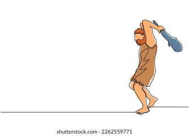 Un único cavernícola de dibujo continuo sosteniendo y levantando la cabeza de los garrotes. Cazador de hombres prehistórico. Un hombre antiguo está cazando animales para comer. ilustración vectorial de diseño gráfico de una línea dinámica