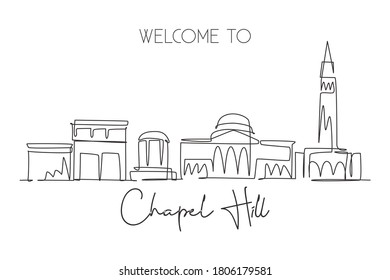 Single Continuous Line Drawing Of Chapel Hill City Skyline, North Carolina. Famous City For Wall Decor Print. World Travel Concept. Editable Stroke Modern One Line Draw Design Vector Illustration