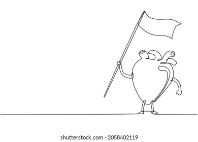 Carácter de dibujo de línea continua único del corazón que sostiene la bandera blanca. Órgano del corazón humano parado con bandera. Diseño plano de órgano cardíaco para el tema educativo. Ilustración vectorial de diseño de líneas de una línea