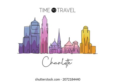 Single continuous line drawing of Charlotte city skyline, USA. Famous city scraper and landscape. World travel concept home wall decor poster print art. Modern one line draw design vector illustration