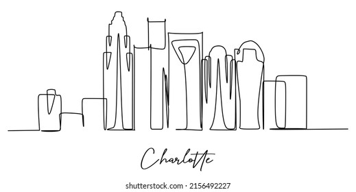 Single continuous line drawing of Charlotte city skyline, USA. Famous city scraper and landscape. World travel concept home wall decor poster print art. Modern one line draw design vector illustration