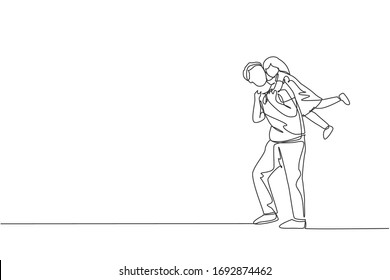 Single continuous line drawing of cheerful little girl hanging on his dad's shoulder who walk towards home. Happy family parenthood concept. Trendy one line draw design vector illustration graphic