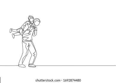 Single continuous line drawing of cheerful little boy hanging on his father's shoulder who walk towards home. Happy family parenthood concept. Trendy one line graphic draw design vector illustration