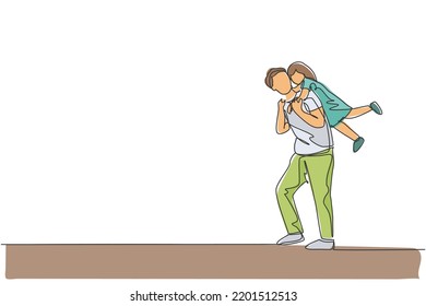 Single continuous line drawing of cheerful little girl hanging on his dad's shoulder who walk towards home. Happy family parenthood concept. Trendy one line draw design vector illustration graphic