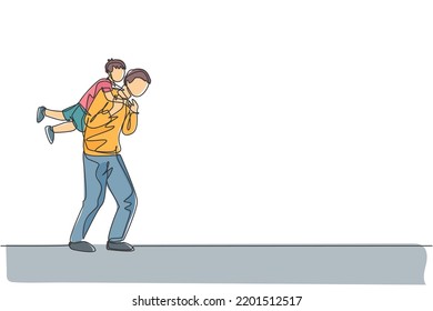 Single continuous line drawing of cheerful little boy hanging on his father's shoulder who walk towards home. Happy family parenthood concept. Trendy one line graphic draw design vector illustration