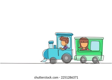 Single continuous line drawing cheerful boy and girl riding on train at amusement park. Happy kids riding toy train or having fairground ride. Children journey. One line draw graphic design vector