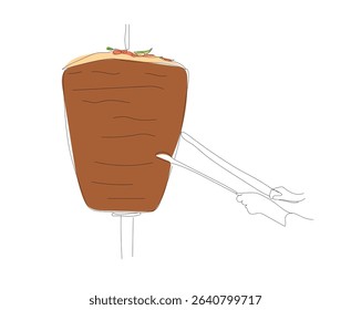 Single continuous line drawing of Chef cutting grilled chicken meat from rotating spit making traditional turkish street food Doner Kebab.  Hand made vector not Al
