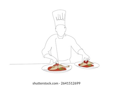 Single continuous line drawing of   chef prepare grill fish dorada bbq. Ketogenic diet. Low carb high fat breakfast. Healthy food concept.  Hand made vector not Al.
