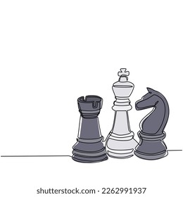 Single continuous line drawing chess pieces silhouette icon set isolated on white background. Black chess figures bishop, knight, rook game design elements. One line draw design vector illustration