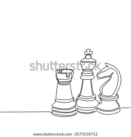 Single continuous line drawing chess pieces silhouette icon set isolated on white background. Black chess figures bishop, knight, rook game design elements. One line draw design vector illustration