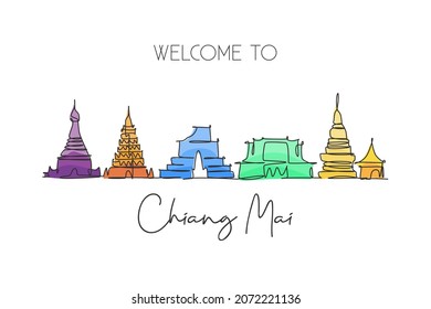 Single continuous line drawing of Chiang Mai city skyline, Thailand. Famous city landscape. World travel concept home wall decor poster print art. Modern one line draw design vector illustration svg
