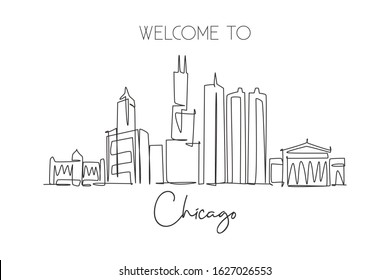 Single continuous line drawing of Chicago city skyline, USA. Famous city scraper and landscape. World travel concept home wall decor poster print art. Modern one line draw design vector illustration