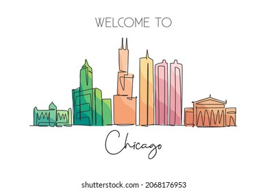 Single continuous line drawing of Chicago city skyline, USA. Famous city scraper and landscape. World travel concept home wall decor poster print art. Modern one line draw design vector illustration