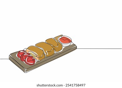 Línea continua única de dibujo de cordón de pollo azul servido en una tabla de cortar. Enchapado que aumenta el hambre. Disfruta cada bocado. Día Nacional del Cordón de Pollo Azul. Ilustración vectorial de diseño de una línea