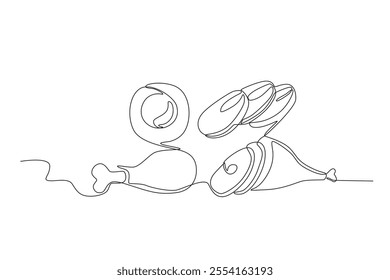 Single continuous line drawing of Chicken, fish, eggs and meat. Dynamic single line draw design graphic vector illustration.
