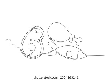 Single continuous line drawing of Chicken, fish and meat. Dynamic single line draw design graphic vector illustration.
