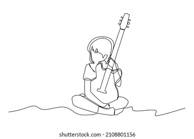 Dibujo de una sola línea continua de un niño con una guitarra - Ilustración vectorial de diseño de dibujo de una línea moderna 