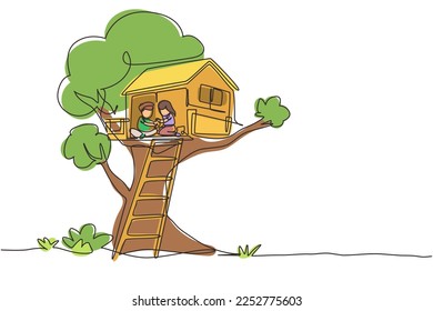 Single continuous line drawing child on tree house, little boy and girl playing on children playground, treehouse with wooden ladder, place for kids games on summer. One line graphic design vector