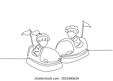 Single continuous line drawing children driving bumper car. Happy smiling boy and girl on bumper auto wheel attraction at amusement park. Enjoyment family time. One line draw graphic design vector