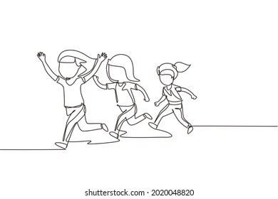 Single continuous line drawing children in athletics competitions. The girls run in stadium and finish. The child came running first and won. Dynamic one line draw graphic design vector illustration