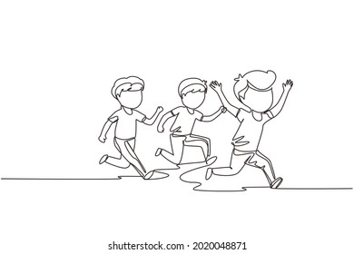 Single continuous line drawing children in athletics competitions. The boys run in stadium and finish. The child came running first and won. Dynamic one line draw graphic design vector illustration