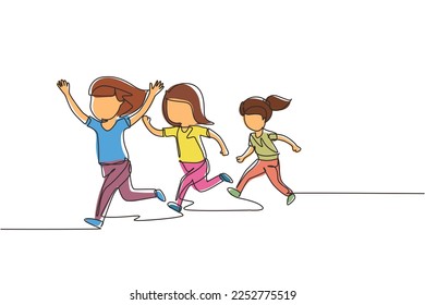 Single continuous line drawing children in athletics competitions. The girls run in stadium and finish. The child came running first and won. Dynamic one line draw graphic design vector illustration