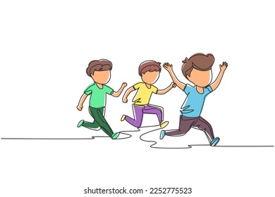 Single continuous line drawing children in athletics competitions. The boys run in stadium and finish. The child came running first and won. Dynamic one line draw graphic design vector illustration